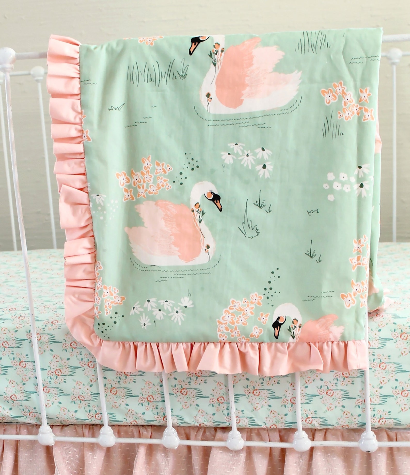 Swan Crib Bedding bumperless bedding peach baby bedding Etsy