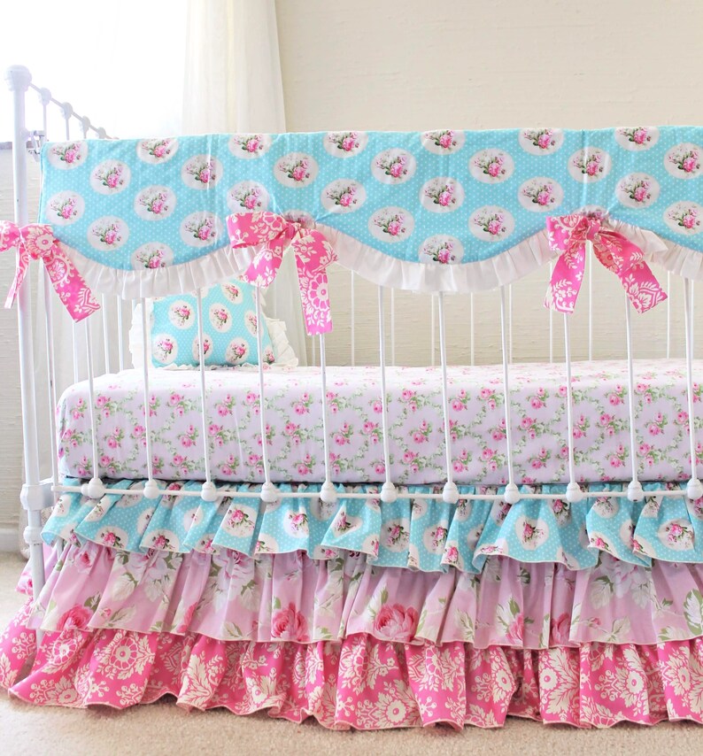 5 PC Shabby Chic Baby Bedding Pink and Blue Roses Crib Etsy