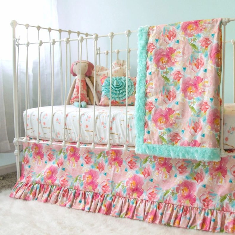 High Quality Satin Sateen Print from Lottiedababy Aqua and Pink Crib Sheet in Exclusive Pastels and Peonies Watercolor Floral Design