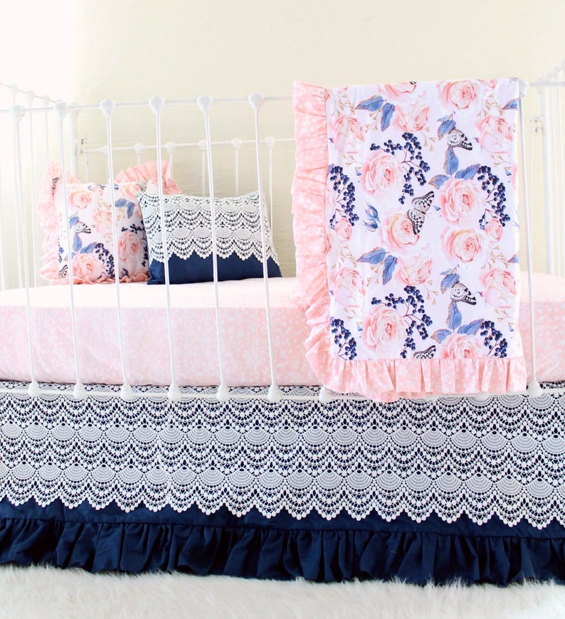 Pink and Navy Baby Girl Crib Bedding Blush Peonies Botanical Etsy