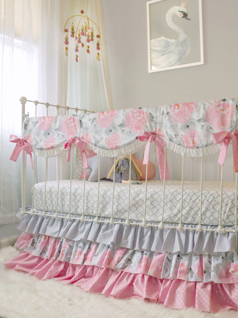 Gray Pink and White Baby Girl Bedding Set for Custom Nursery Etsy
