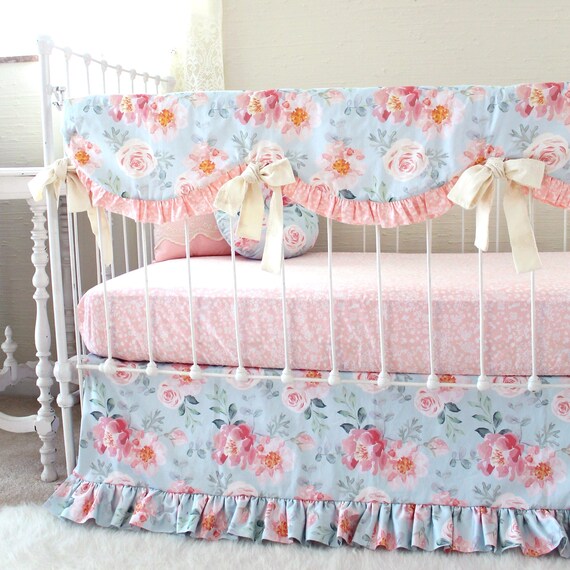 Floral Crib Bedding Blush Pink Baby Bedding Girl Watercolor Etsy