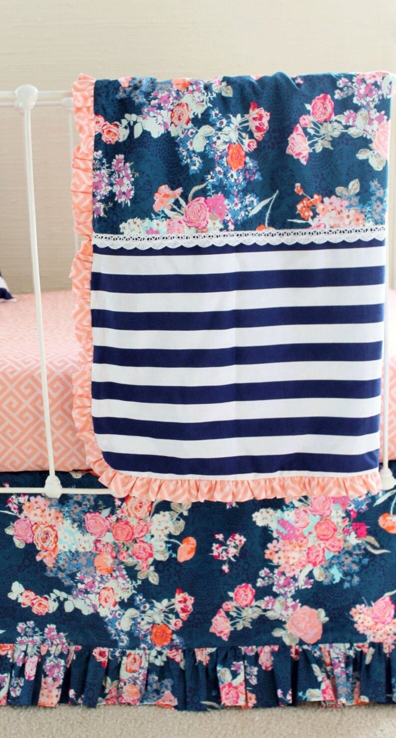 Navy Floral Crib Bedding Baby Girl Bedding Coral and Navy Etsy