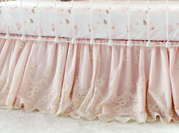 Blush Lace Crib Skirt Vintage Ivory Lace Bedskirt Pink Lace Etsy