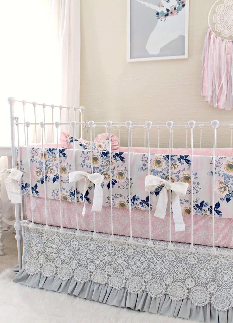Pink Gray And Navy Crib Bedding Set For Custom Baby Girl Pink Gray And Navy Crib Bedding Set For Custom Baby Girl Nursery Includes