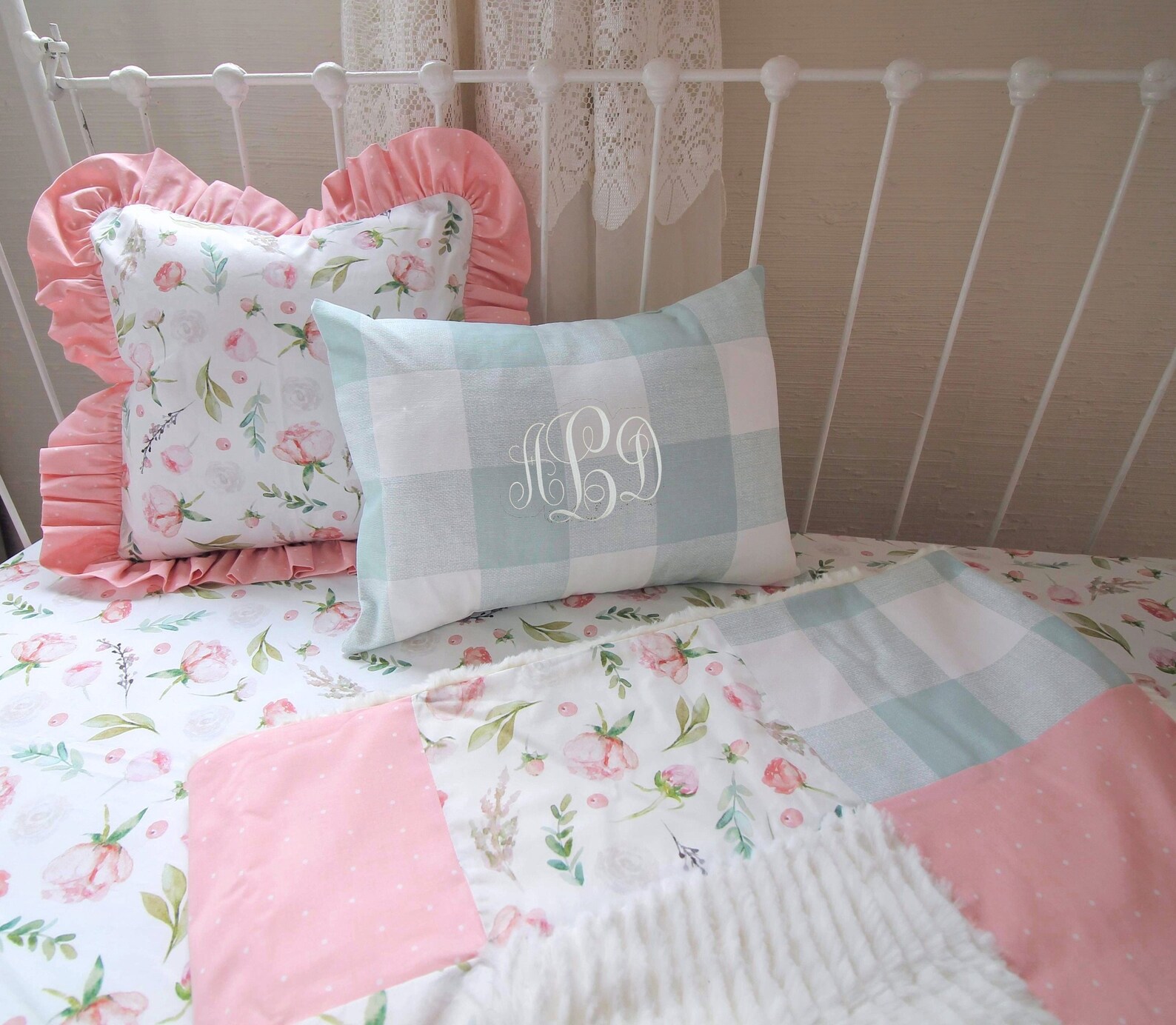 Farmhouse Crib Bedding Set Blue and Pink Floral Baby Bedding Etsy