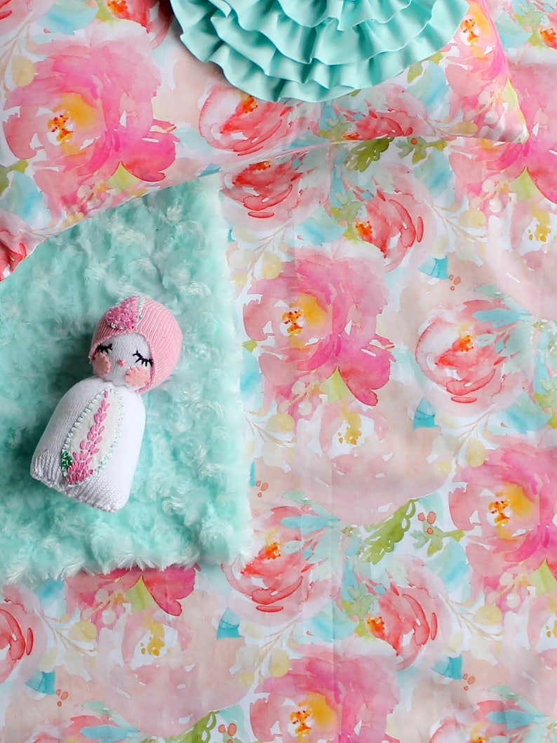 High Quality Satin Sateen Print from Lottiedababy Aqua and Pink Crib Sheet in Exclusive Pastels and Peonies Watercolor Floral Design