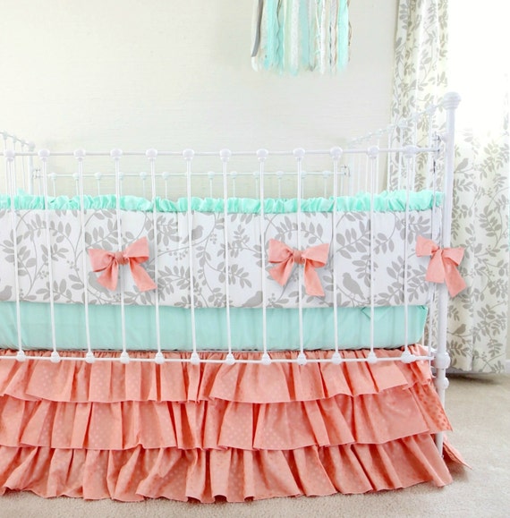 Peach Mint Gray Crib Bedding Set Woodland Birds Baby
