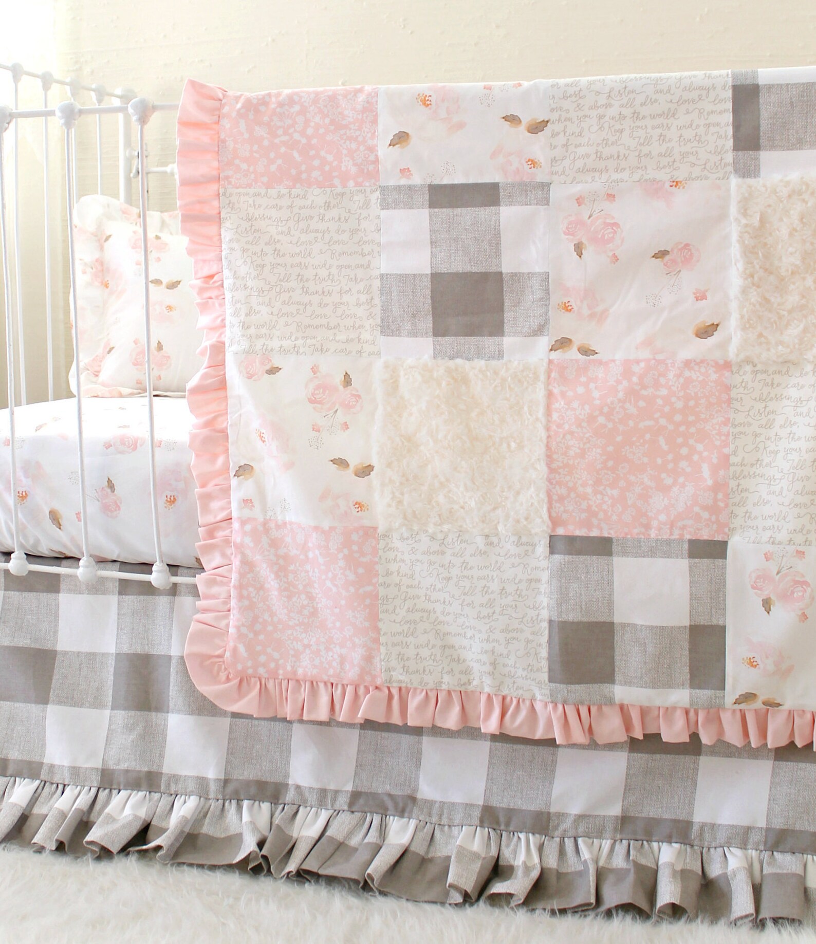 Girl Crib Bedding Pink and Ivory Nursery Bedding Floral Baby Etsy