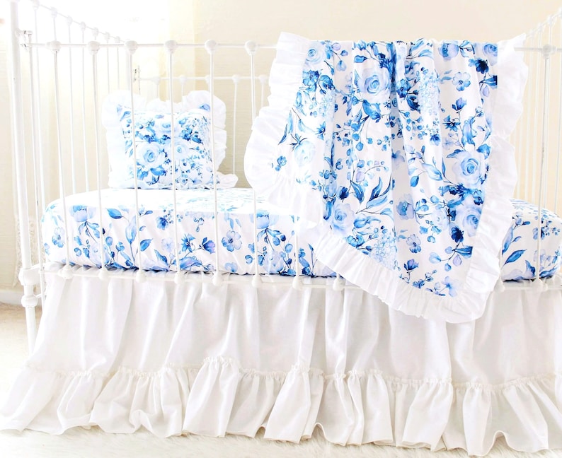 White Crib Bedding Blue and White Roses Nursery Bedding and Decor Indigo Blue Roses Baby Bedding Set