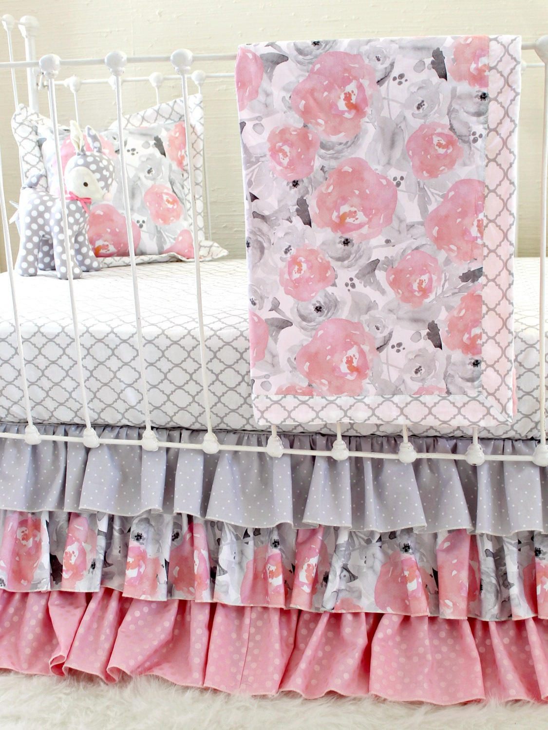 Pink Gray Crib Bedding Watercolor Floral baby bedding Grey Etsy