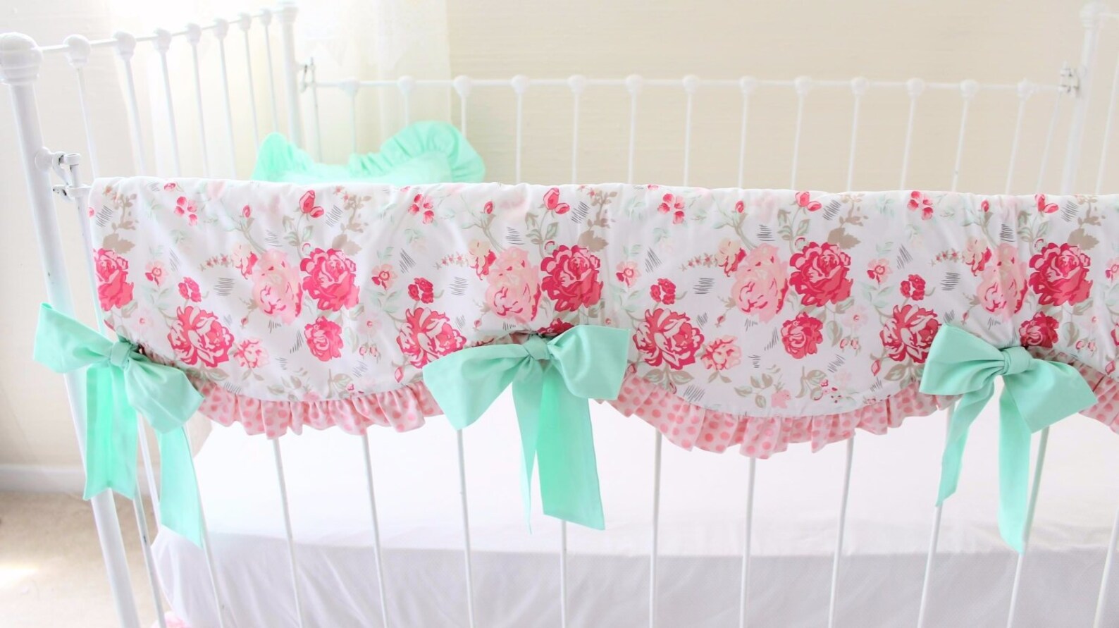 Girls Ruffle Crib Bedding Mint and Pink Vintage Roses Floral Etsy
