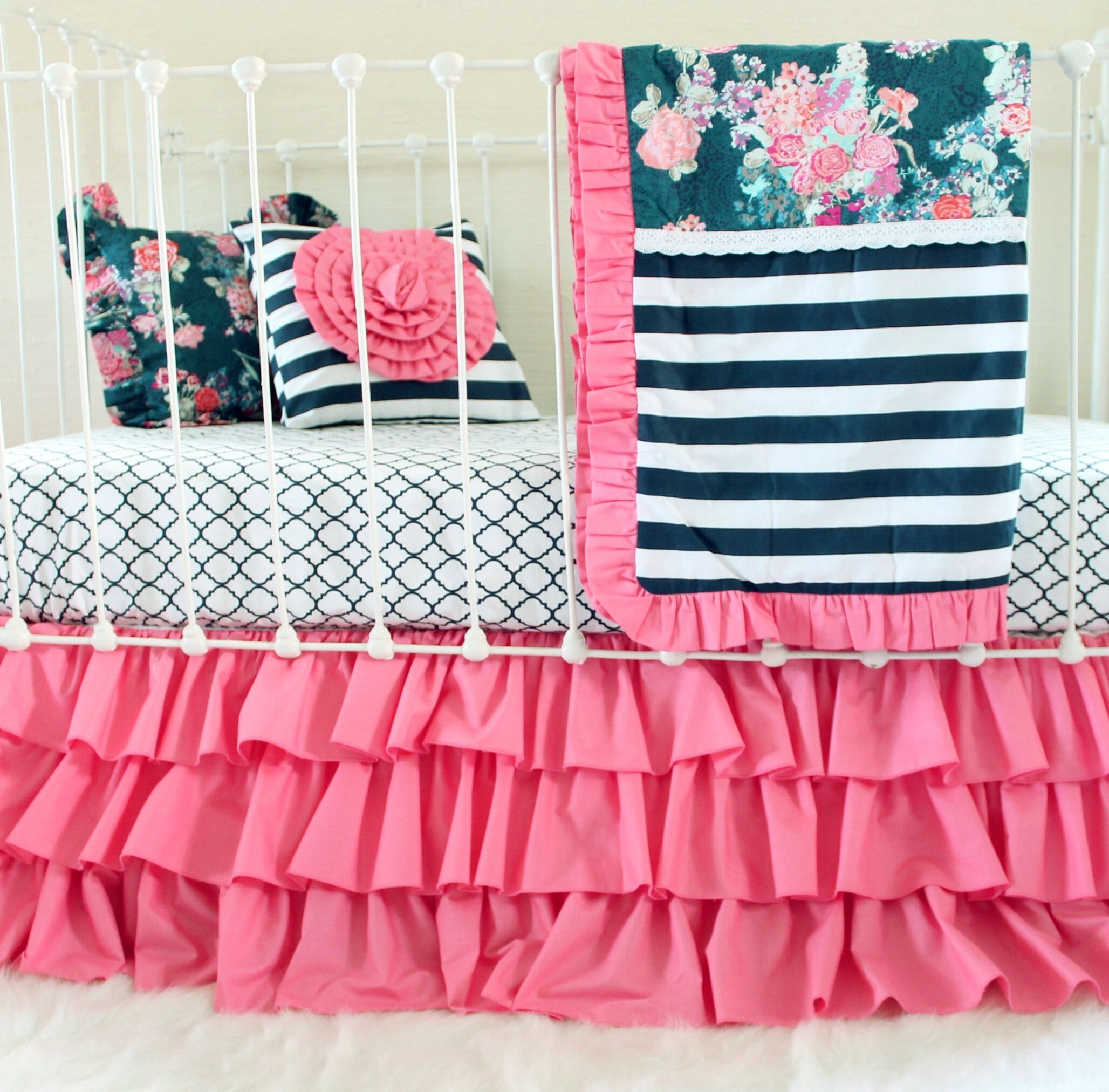 Hot Pink and Navy Baby Girl Bedding custom crib bedding Etsy