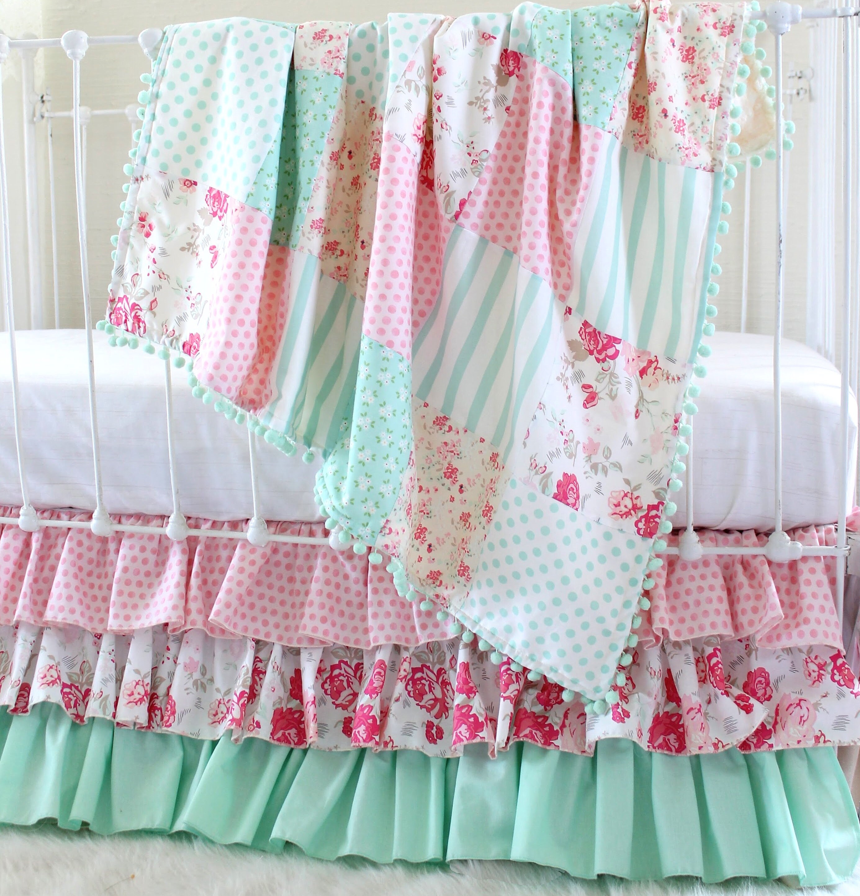 Girls Ruffle Crib Bedding Mint and Pink Vintage Roses Floral Etsy