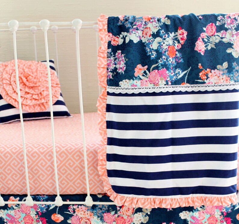 Coral and Navy Baby Girl Bedding Stripe and Floral Chic Etsy