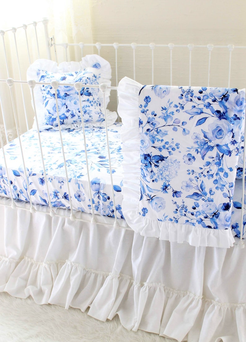 Indigo Blue Roses Baby Bedding Set White Crib Bedding Blue Etsy
