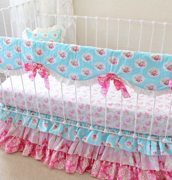 Sale 5 Pc Shabby Chic Baby Bedding Pink And Blue Roses Crib Etsy