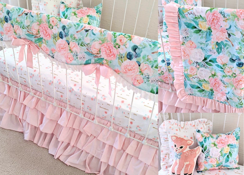Pink Ruffle Crib Set Baby Girl Crib Bedding in Mist Bouquet Etsy