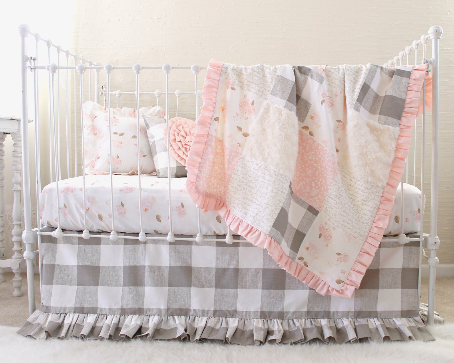 Girl Crib Bedding Pink and Ivory Nursery Bedding Floral Baby Etsy