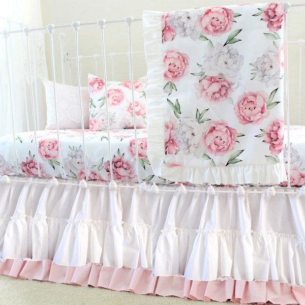 Rose Peony Floral Crib Bedding Set,  Vintage Floral Baby Girl Bedding, Pink and White Crib Set. Peonies Nursery Decor, Baby Bedding Girl