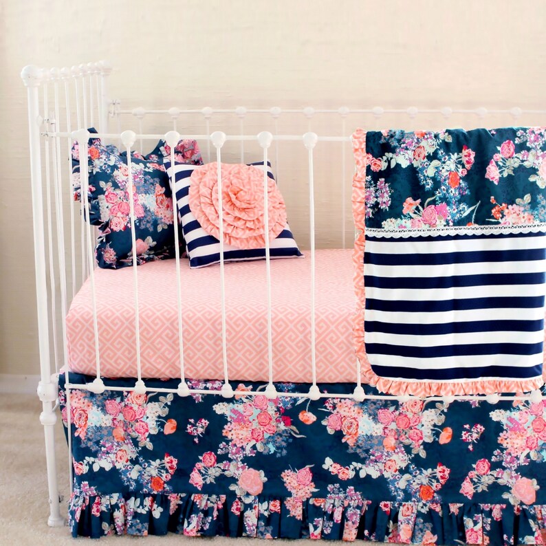 Navy Floral crib sheet Baby Girl Bedding Blush Pink and Etsy