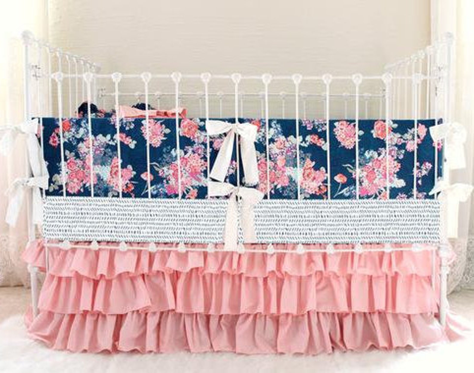 Navy Floral Crib Bedding Baby Girl Bedding Coral and Navy Etsy