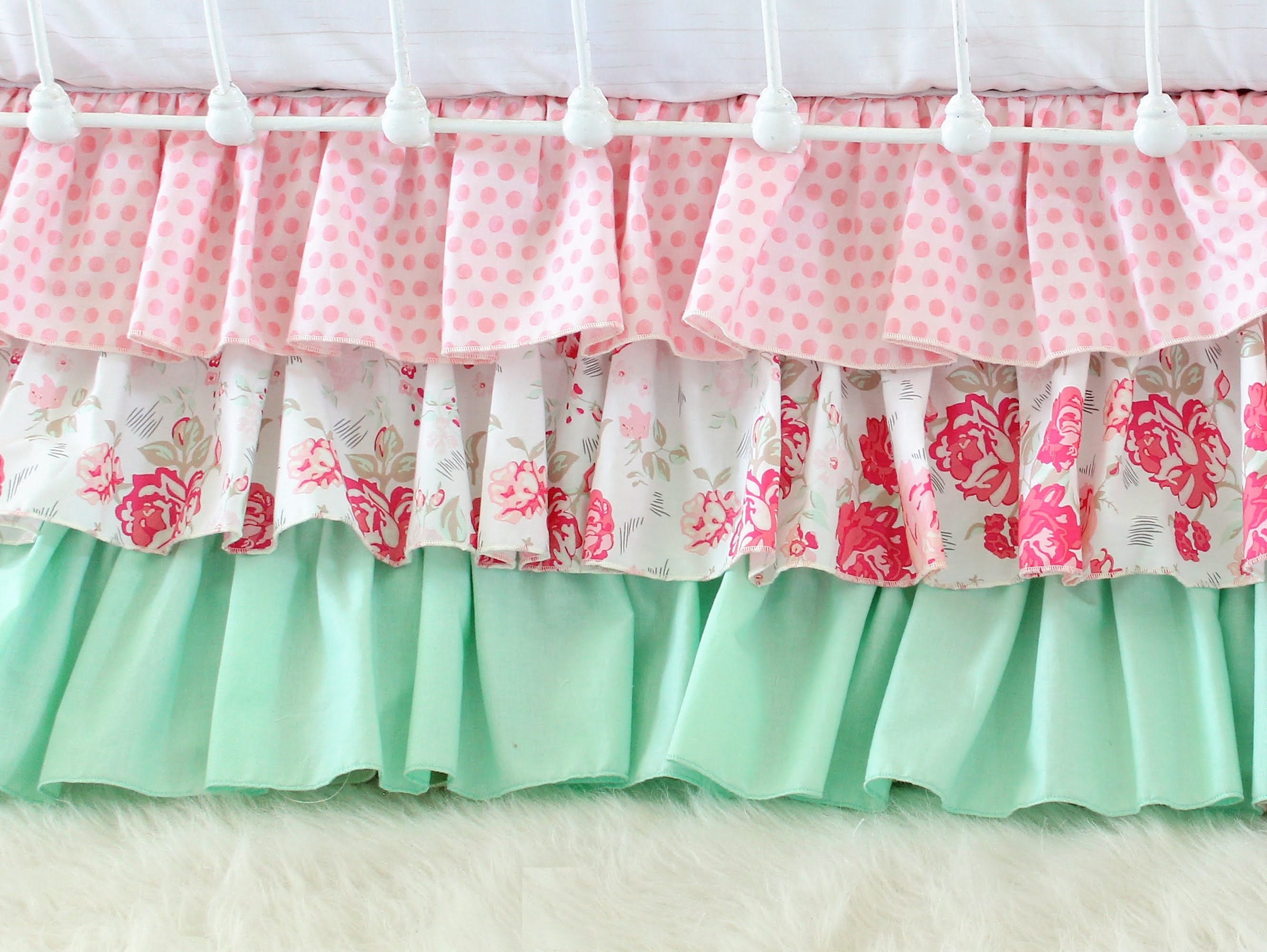 Girls Ruffle Crib Bedding Mint and Pink Vintage Roses Floral Etsy