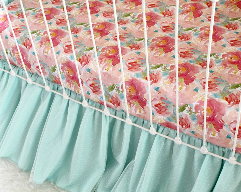 High Quality Satin Sateen Print from Lottiedababy Aqua and Pink Crib Sheet in Exclusive Pastels and Peonies Watercolor Floral Design