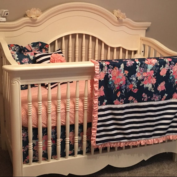 Coral And Navy Baby Girl Bedding Stripe And Floral Chic Etsy