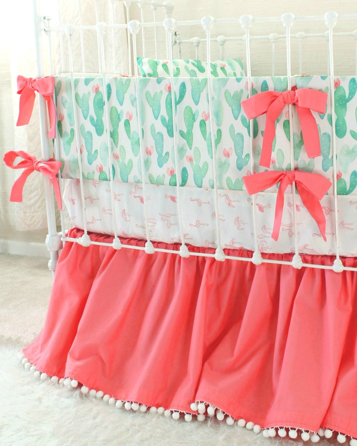 Cactus Crib Bedding Set Mint and Coral Baby Girl Nursery Etsy