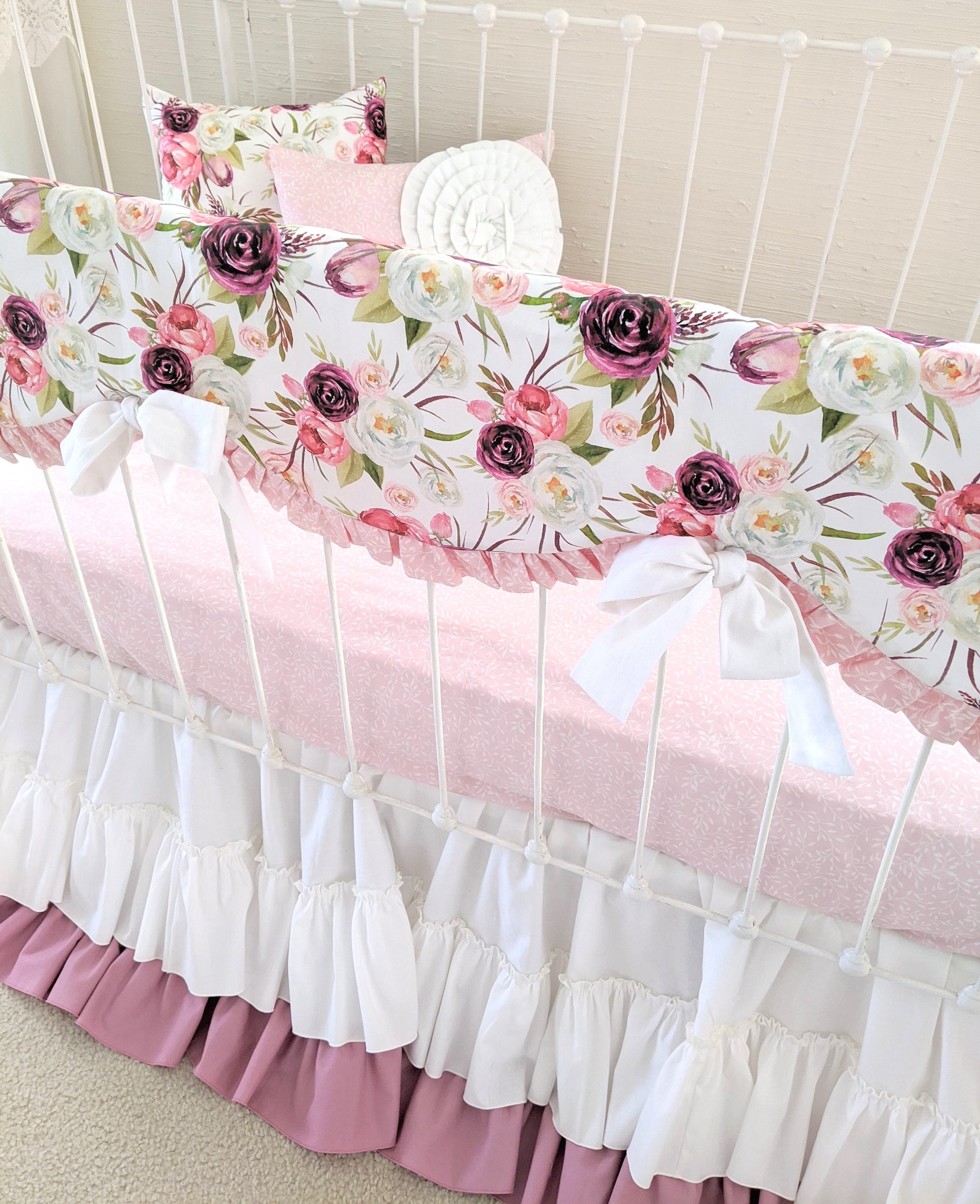 Dark Pink Floral Crib Bedding Moody Mauve Baby Girl Bedding Etsy
