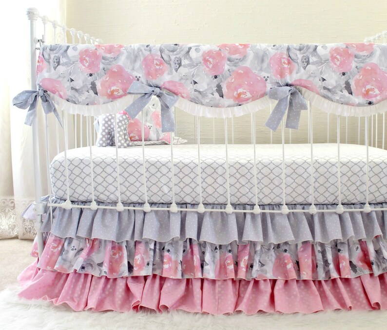Pink Gray Crib Bedding Watercolor Floral baby bedding Grey Etsy