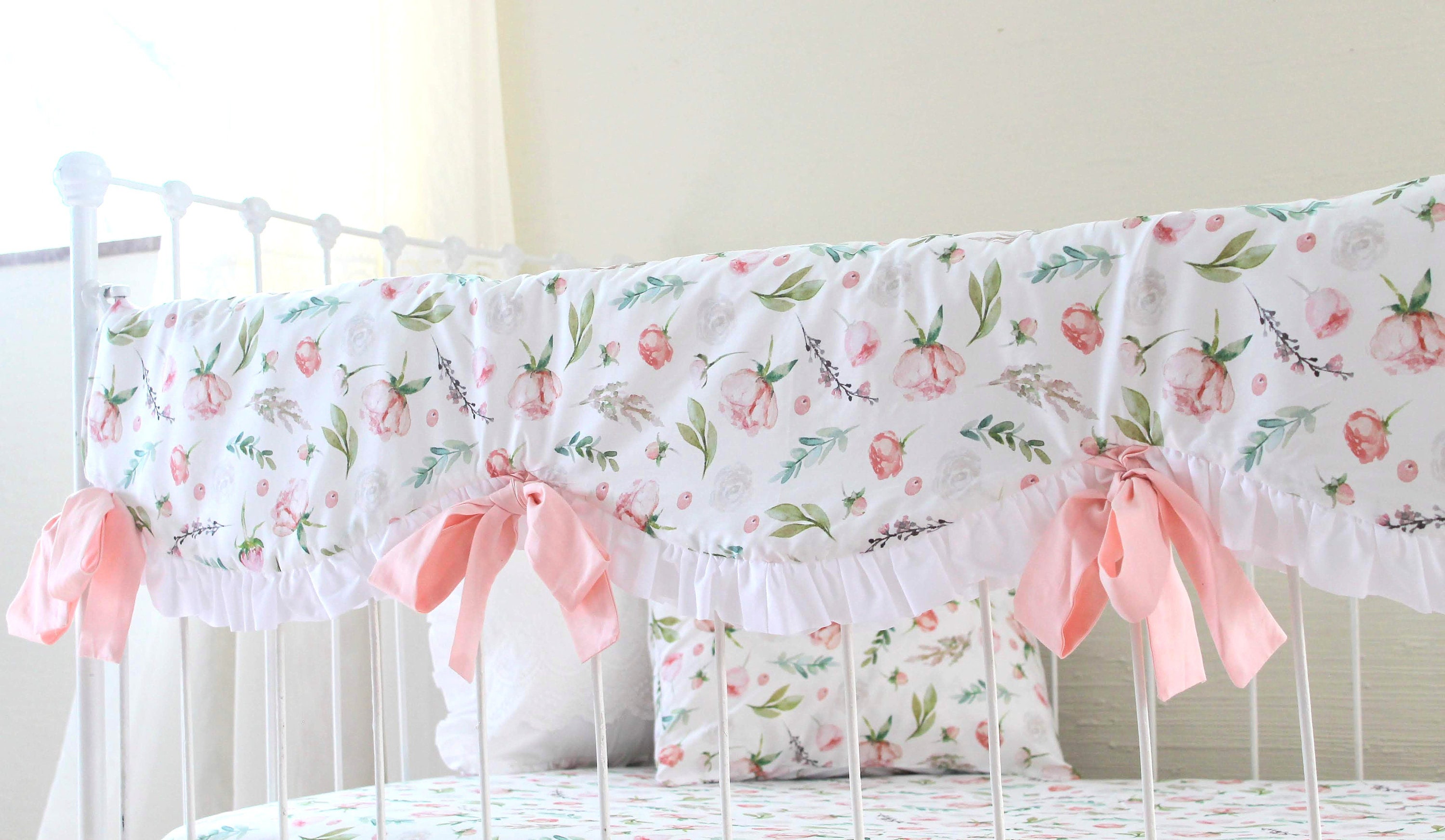 Girl Crib Rail Cover in Leafy Blooms White and Pink Crib Etsy