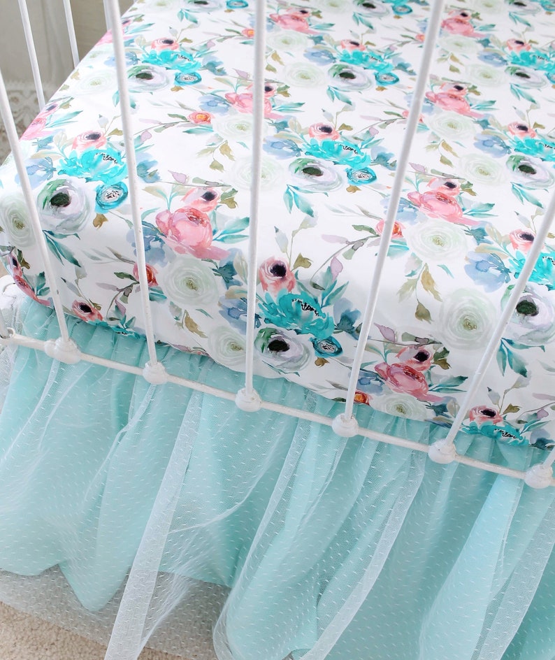 Baby Girl Crib Sheet Turquoise Watercolor Bouquet Crib Etsy