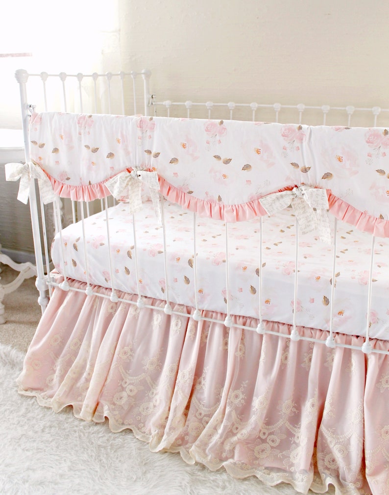 Baby Girl Crib Bedding Set Farmhouse Style Nursery 3pc Pink And White Rail Cover Fl Sheet Lace Skirt