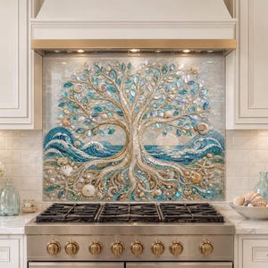 Coastal Tree of Life Mosaic Glass Backsplash, Seashell Ocean Wave Kitchen Decor