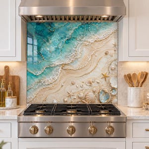 May include: A rectangular kitchen splashback panel featuring a textured resin art design of a sandy beach meeting turquoise ocean waves. The artwork includes realistic details of white sea foam, scattered seashells, and starfish across the shore.
