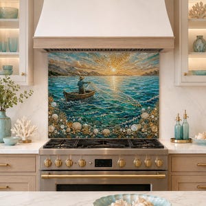 May include: A kitchen backsplash panel featuring an oil painting of a person in a small wooden boat casting a fishing net into a turquoise sea at sunset, with a foreground border of textured seashells and coral elements in shades of white and gold.