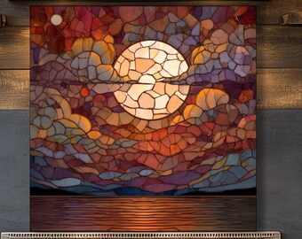 Sunset Glass Backsplash, Mosaic Kitchen Splashback Panel, Stained Glass Stove Backsplash, Warm Ocean Wall Decor Unique