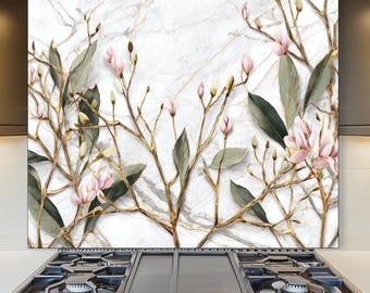 Magnolia Floral Glass Backsplash, Botanical Marble Kitchen Decor