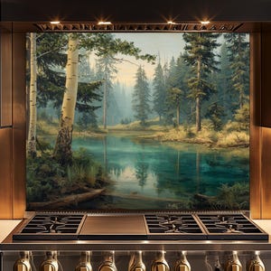 May include: A stainless steel gas range with gold-coloured knobs is set beneath a black range hood. The backsplash features a scenic landscape painting of a lake surrounded by trees. The painting has a blue and green colour palette.