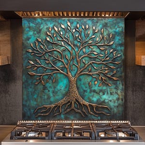 May include: A bronze-colored tree of life sculpture with intricate details, set against a teal and turquoise background. The artwork is mounted above a black stovetop, creating a focal point in a kitchen setting. The tree's branches and roots are clearly defined.