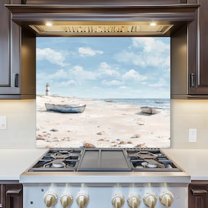 Beach Boat Tempered Glass Backsplash, Coastal Kitchen Decor