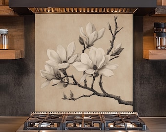 Magnolia Glass Backsplash, Floral Kitchen Splashback Panel, Elegant Stove Backsplash, Minimalist Botanical Wall Decor Unique Design
