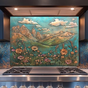 May include: A decorative kitchen backsplash featuring a mountain landscape with wildflowers. The artwork has a teal and bronze color palette, with a detailed relief of mountains, clouds, and colorful flowers. The backsplash is installed above a stainless steel stove.