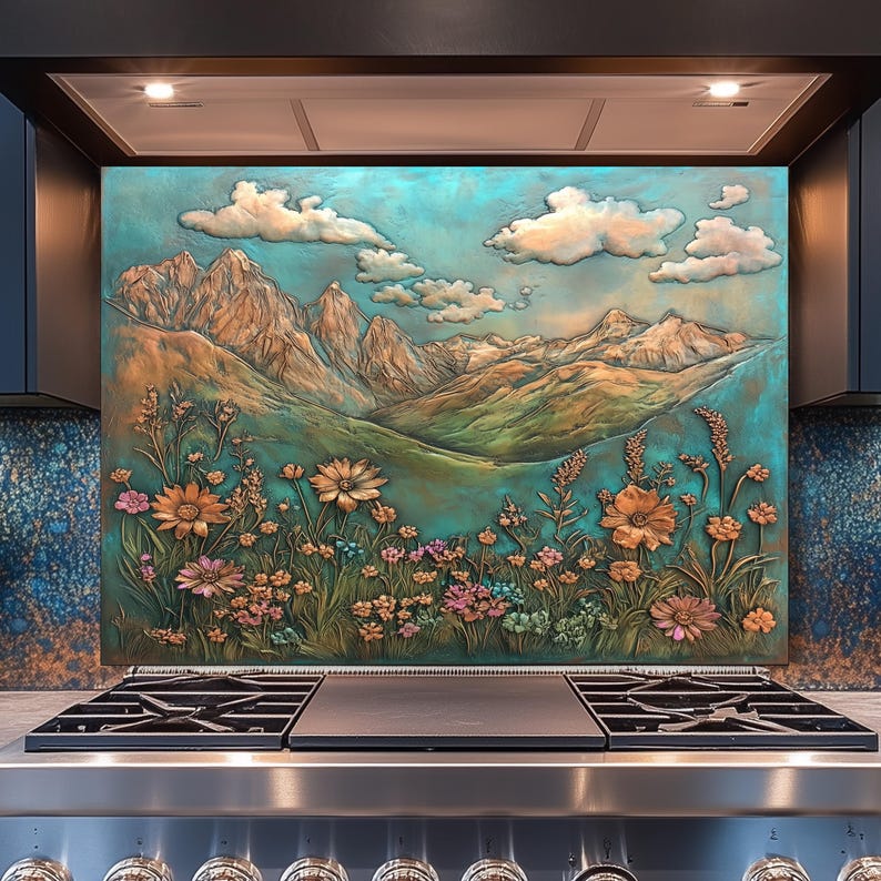 May include: A decorative kitchen backsplash featuring a mountain landscape with wildflowers. The artwork has a teal and bronze color palette, with a detailed relief of mountains, clouds, and colorful flowers. The backsplash is installed above a stainless steel stove.