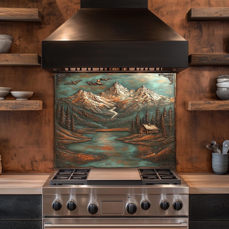 Mountain Cabin Kitchen Backsplash: Rustic Tempered Glass Stove ...