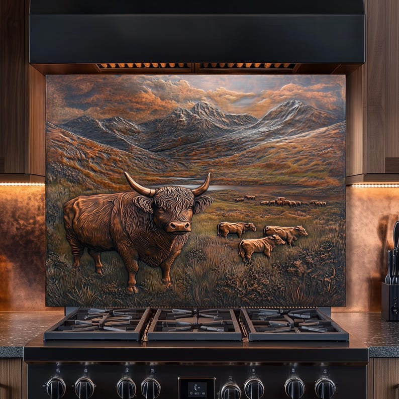 May include: A decorative kitchen backsplash featuring a detailed relief of a Highland cow in a grassy field with mountains in the background. The artwork is rendered in shades of brown and bronze, creating a rustic and textured appearance.