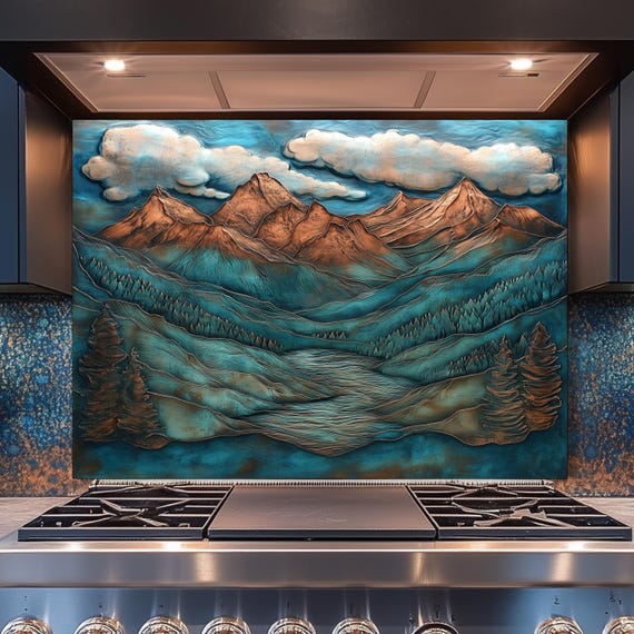 Mountain River Tempered Glass Backsplash: Heat & Shatter Resistant