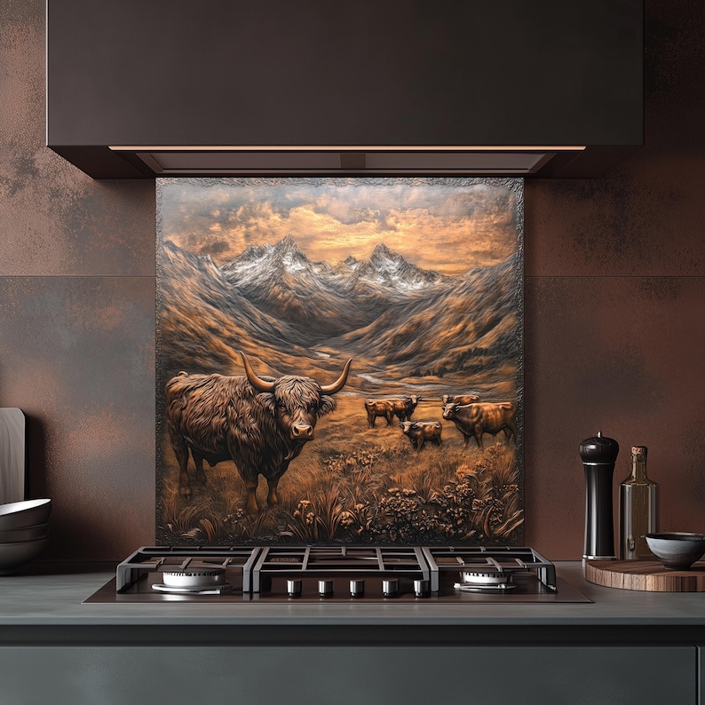 Puede incluir: Un protector contra salpicaduras de cocina decorativo con una pintura detallada de una vaca de las Tierras Altas en un paisaje monta&ntilde;oso. La obra de arte representa una manada de vacas marrones en un campo con un tel&oacute;n de fondo de monta&ntilde;as nevadas y un cielo al atardecer.